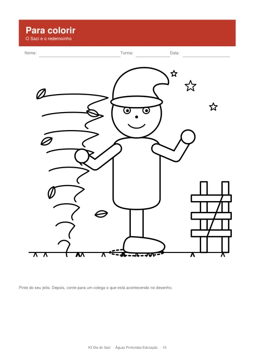 Página 10 do Kit Dia do Saci: desenho de traço do Saci e do redemoinho para colorir