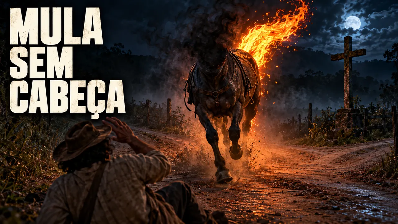 Uma mula sem cabeça, com fogo na cauda, corre numa estrada de terra à noite, ao lado de uma cruz; um homem de chapéu caído no chão levanta a mão; sobre a imagem, o título Mula sem cabeça