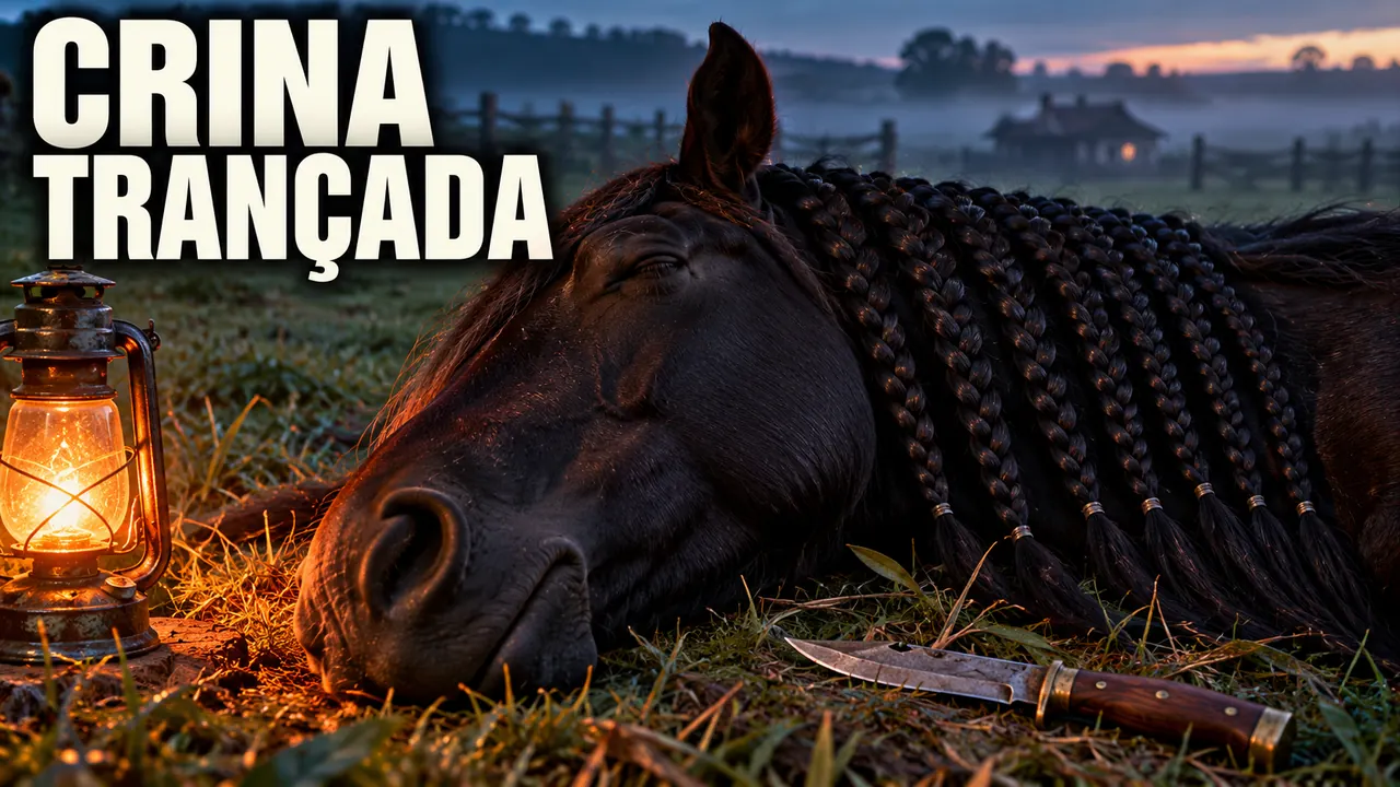 Cavalo preto deitado no pasto ao amanhecer, de crina trançada em tranças finas, com uma lamparina acesa e uma faca ao lado; sobre a imagem, o título Crina trançada