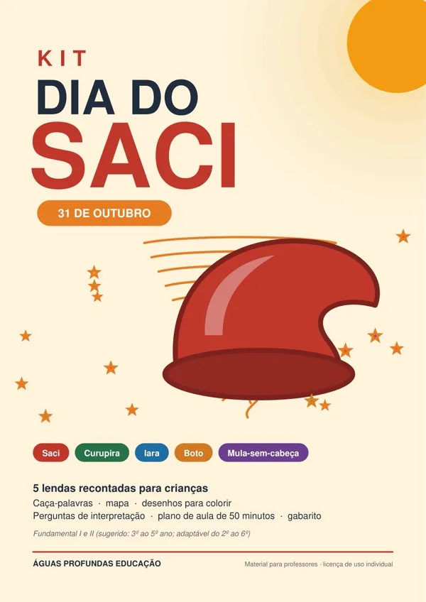 Capa do Kit Dia do Saci, com o título e o desenho de traço do Saci para colorir